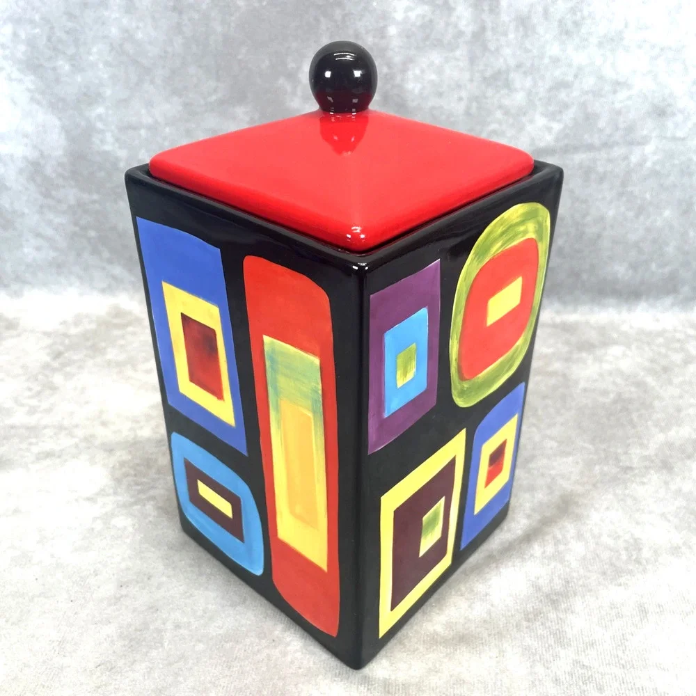 Mary Naylor Designs Modern Ceramic Canister Red Lid Hand Painted Abstract 7x4.5